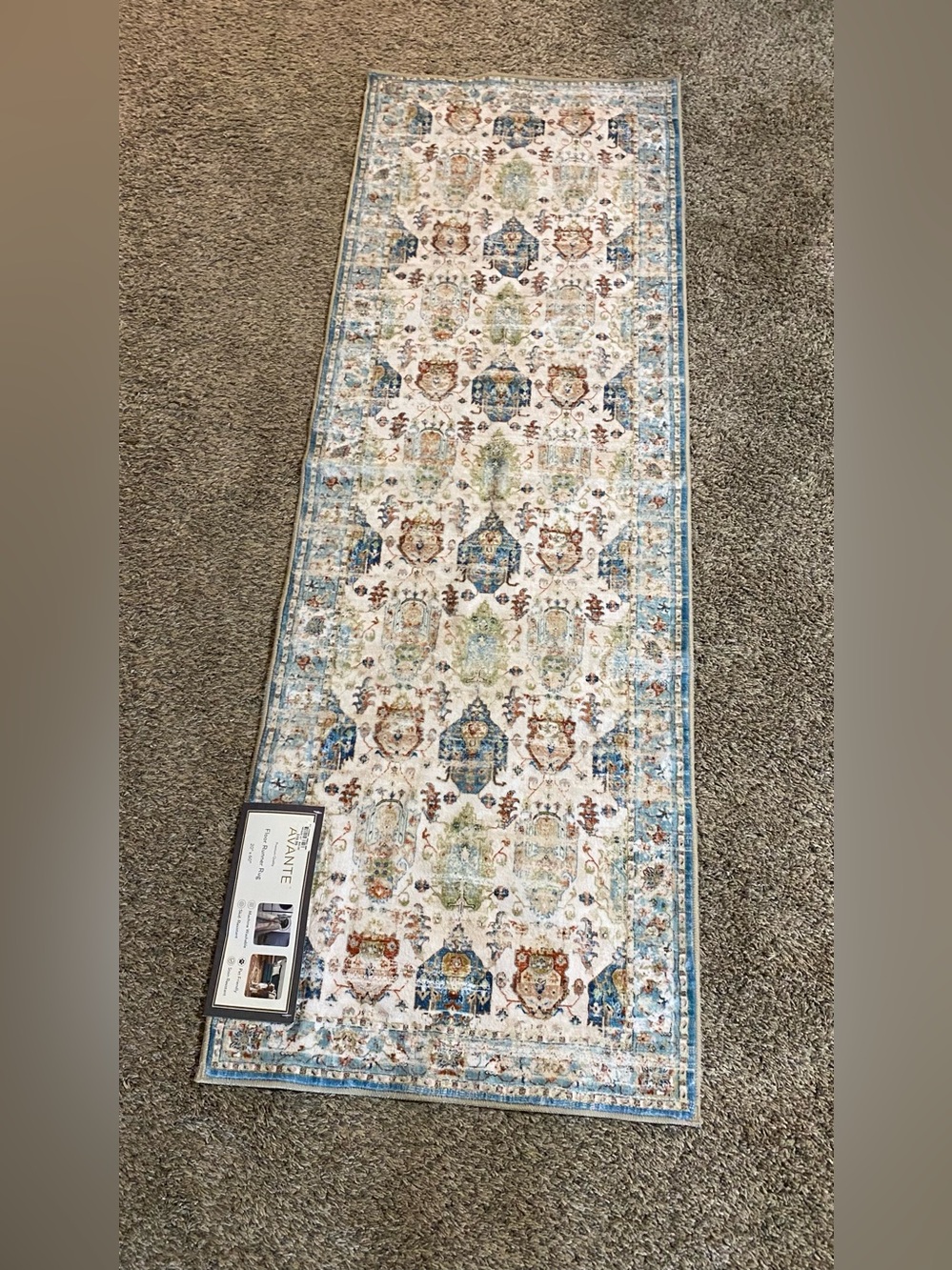 Blue and Cream Patterned Runner Rug